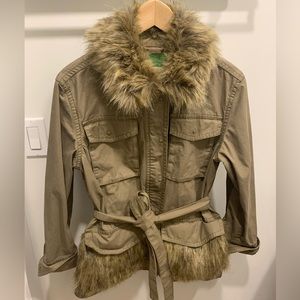 Anthropologie Khaki jacket with faux fur trim.